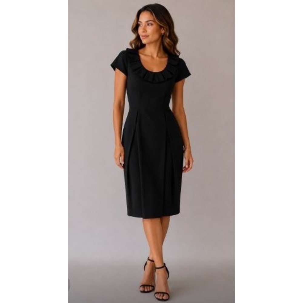 Dana Buchman Sheath Dress Womens 8 Black‎ Silk Blend Ruffle Pleated LBD Cocktail